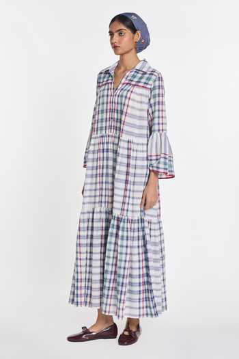 Buy Payal Pratap White Handloom Cotton V-, Collared Mazus Tiered Maxi Dress Online at Aza Fashions Buy_Payal Pratap_White Handloom Cotton V-, Collared Mazus Tiered Maxi Dress _Online_at_Aza_Fashions