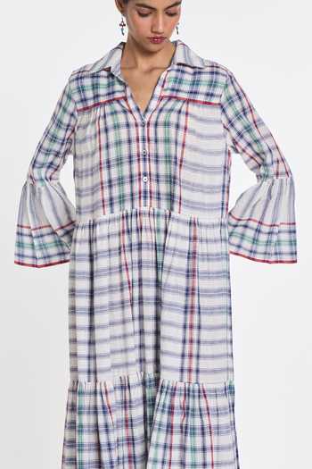 Shop Payal Pratap White Handloom Cotton V-, Collared Mazus Tiered Maxi Dress Online at Aza Fashions Shop_Payal Pratap_White Handloom Cotton V-, Collared Mazus Tiered Maxi Dress _Online_at_Aza_Fashions