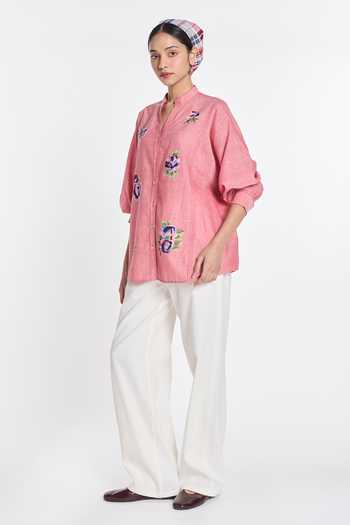Payal Pratap Pink Handloom Cotton Mandarin Collar, V-neck Mistletoe Panel Shirt Online at Aza Fashions Payal Pratap_Pink Handloom Cotton Mandarin Collar, V-neck Mistletoe Panel Shirt _Online_at_Aza_Fashions