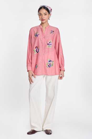 Buy Payal Pratap Pink Handloom Cotton Mandarin Collar, V-neck Mistletoe Panel Shirt Online at Aza Fashions Buy_Payal Pratap_Pink Handloom Cotton Mandarin Collar, V-neck Mistletoe Panel Shirt _Online_at_Aza_Fashions