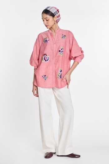 Shop Payal Pratap Pink Handloom Cotton Mandarin Collar, V-neck Mistletoe Panel Shirt Online at Aza Fashions Shop_Payal Pratap_Pink Handloom Cotton Mandarin Collar, V-neck Mistletoe Panel Shirt _Online_at_Aza_Fashions