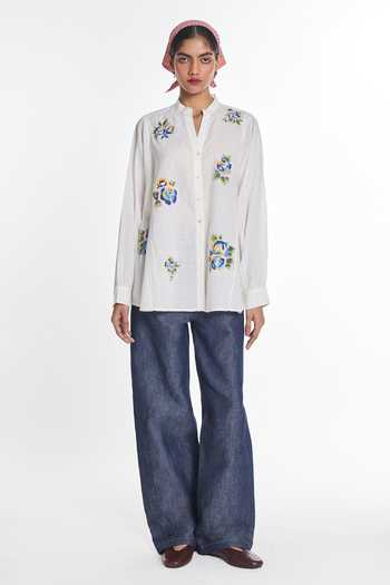 Payal Pratap White Handloom Cotton Mandarin Collar Mistletoe Panel Shirt Online at Aza Fashions Payal Pratap_White Handloom Cotton Mandarin Collar Mistletoe Panel Shirt _Online_at_Aza_Fashions