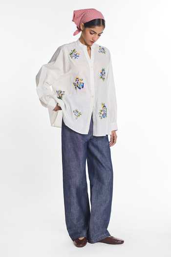 Buy Payal Pratap White Handloom Cotton Mandarin Collar Mistletoe Panel Shirt Online at Aza Fashions Buy_Payal Pratap_White Handloom Cotton Mandarin Collar Mistletoe Panel Shirt _Online_at_Aza_Fashions