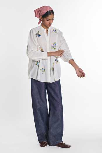 Shop Payal Pratap White Handloom Cotton Mandarin Collar Mistletoe Panel Shirt Online at Aza Fashions Shop_Payal Pratap_White Handloom Cotton Mandarin Collar Mistletoe Panel Shirt _Online_at_Aza_Fashions