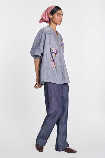 Payal Pratap Blue Handloom Cotton Mandarin Collar, V-neck Betony Shirt Online at Aza Fashions Payal Pratap_Blue Handloom Cotton Mandarin Collar, V-neck Betony Shirt _Online_at_Aza_Fashions