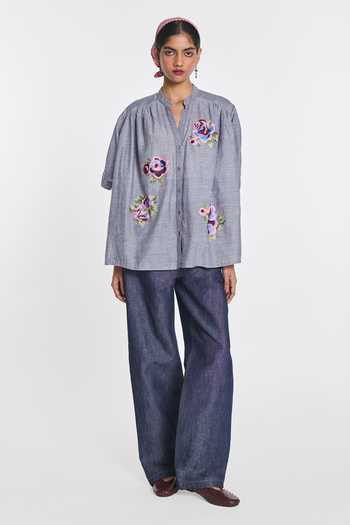 Buy Payal Pratap Blue Handloom Cotton Mandarin Collar, V-neck Betony Shirt Online at Aza Fashions Buy_Payal Pratap_Blue Handloom Cotton Mandarin Collar, V-neck Betony Shirt _Online_at_Aza_Fashions