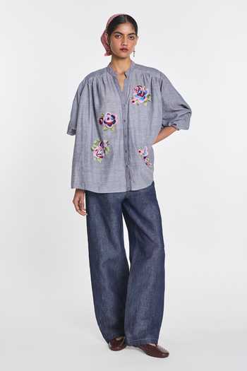 Shop Payal Pratap Blue Handloom Cotton Mandarin Collar, V-neck Betony Shirt Online at Aza Fashions Shop_Payal Pratap_Blue Handloom Cotton Mandarin Collar, V-neck Betony Shirt _Online_at_Aza_Fashions