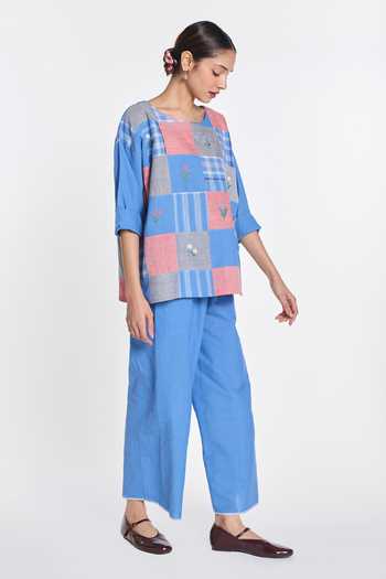 Buy Payal Pratap Blue Handloom Cotton Bluebonnet Elasticated Pant Online at Aza Fashions Buy_Payal Pratap_Blue Handloom Cotton Bluebonnet Elasticated Pant _Online_at_Aza_Fashions