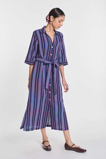Payal Pratap Blue Cotton, Linen Collared Neck Pimpernel Striped Dress With Belt Online at Aza Fashions Payal Pratap_Blue Cotton, Linen Collared Neck Pimpernel Striped Dress With Belt _Online_at_Aza_Fashions