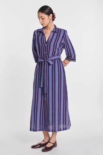 Buy Payal Pratap Blue Cotton, Linen Collared Neck Pimpernel Striped Dress With Belt Online at Aza Fashions Buy_Payal Pratap_Blue Cotton, Linen Collared Neck Pimpernel Striped Dress With Belt _Online_at_Aza_Fashions