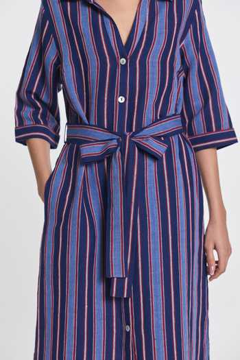 Shop Payal Pratap Blue Cotton, Linen Collared Neck Pimpernel Striped Dress With Belt Online at Aza Fashions Shop_Payal Pratap_Blue Cotton, Linen Collared Neck Pimpernel Striped Dress With Belt _Online_at_Aza_Fashions