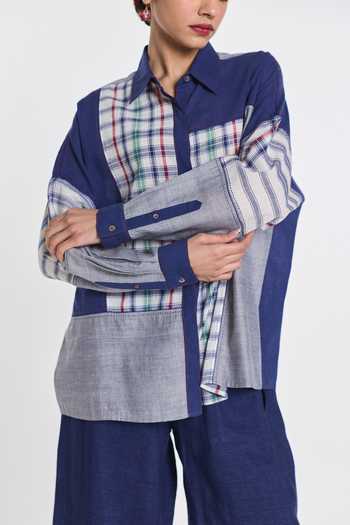 Payal Pratap Blue Handloom Cotton Collared Neck Chamomile Patchwork Shirt Online at Aza Fashions Payal Pratap_Blue Handloom Cotton Collared Neck Chamomile Patchwork Shirt _Online_at_Aza_Fashions