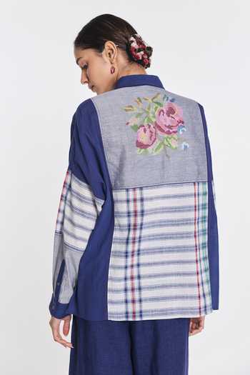 Shop Payal Pratap Blue Handloom Cotton Collared Neck Chamomile Patchwork Shirt Online at Aza Fashions Shop_Payal Pratap_Blue Handloom Cotton Collared Neck Chamomile Patchwork Shirt _Online_at_Aza_Fashions