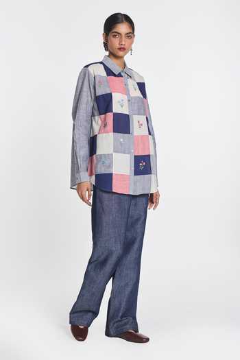 Payal Pratap Blue Handloom Cotton Collared Neck Thistle Patchwork Shirt Online at Aza Fashions Payal Pratap_Blue Handloom Cotton Collared Neck Thistle Patchwork Shirt _Online_at_Aza_Fashions