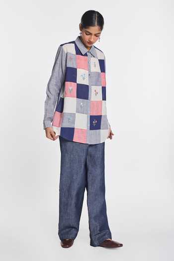 Buy Payal Pratap Blue Handloom Cotton Collared Neck Thistle Patchwork Shirt Online at Aza Fashions Buy_Payal Pratap_Blue Handloom Cotton Collared Neck Thistle Patchwork Shirt _Online_at_Aza_Fashions