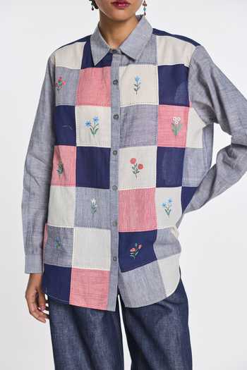 Shop Payal Pratap Blue Handloom Cotton Collared Neck Thistle Patchwork Shirt Online at Aza Fashions Shop_Payal Pratap_Blue Handloom Cotton Collared Neck Thistle Patchwork Shirt _Online_at_Aza_Fashions