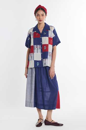 Payal Pratap Blue Handloom Cotton Collared Neck Bluebell Patchwork Shirt Online at Aza Fashions Payal Pratap_Blue Handloom Cotton Collared Neck Bluebell Patchwork Shirt _Online_at_Aza_Fashions