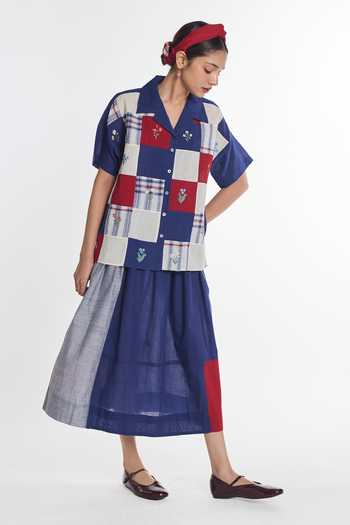 Shop Payal Pratap Blue Handloom Cotton Collared Neck Bluebell Patchwork Shirt Online at Aza Fashions Shop_Payal Pratap_Blue Handloom Cotton Collared Neck Bluebell Patchwork Shirt _Online_at_Aza_Fashions