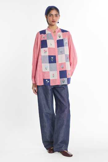 Payal Pratap Pink Handloom Cotton Mandarin Collar Brooklime Patchwork Shirt Online at Aza Fashions Payal Pratap_Pink Handloom Cotton Mandarin Collar Brooklime Patchwork Shirt _Online_at_Aza_Fashions