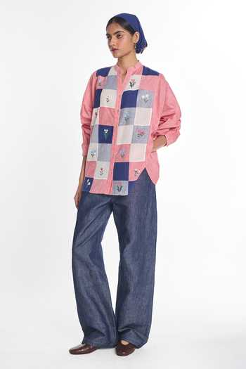 Buy Payal Pratap Pink Handloom Cotton Mandarin Collar Brooklime Patchwork Shirt Online at Aza Fashions Buy_Payal Pratap_Pink Handloom Cotton Mandarin Collar Brooklime Patchwork Shirt _Online_at_Aza_Fashions