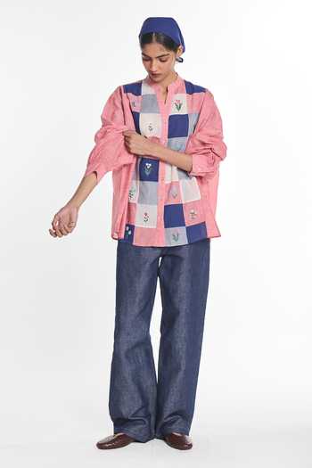 Shop Payal Pratap Pink Handloom Cotton Mandarin Collar Brooklime Patchwork Shirt Online at Aza Fashions Shop_Payal Pratap_Pink Handloom Cotton Mandarin Collar Brooklime Patchwork Shirt _Online_at_Aza_Fashions