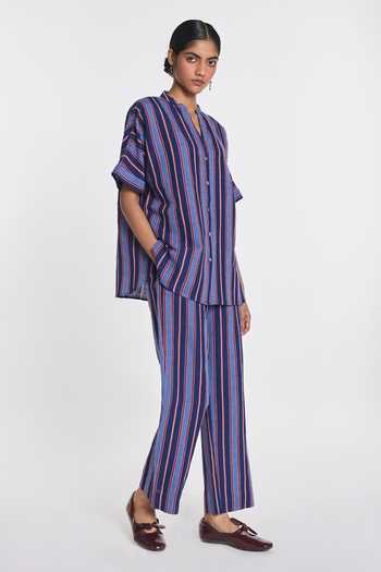 Payal Pratap Blue Cotton, Linen Chicory Elasticated Pant Online at Aza Fashions Payal Pratap_Blue Cotton, Linen Chicory Elasticated Pant _Online_at_Aza_Fashions