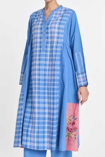 Buy Payal Pratap Blue Handloom Cotton Mandarin Collar, Split V-neck Browallia Patchwork Tunic Online at Aza Fashions Buy_Payal Pratap_Blue Handloom Cotton Mandarin Collar, Split V-neck Browallia Patchwork Tunic _Online_at_Aza_Fashions
