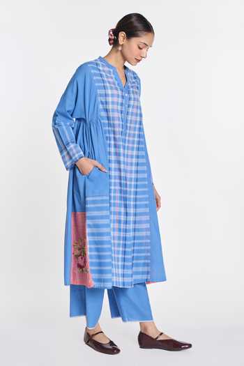 Shop Payal Pratap Blue Handloom Cotton Mandarin Collar, Split V-neck Browallia Patchwork Tunic Online at Aza Fashions Shop_Payal Pratap_Blue Handloom Cotton Mandarin Collar, Split V-neck Browallia Patchwork Tunic _Online_at_Aza_Fashions