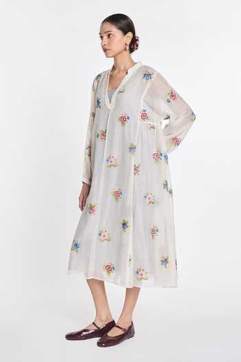 Payal Pratap_Ivory Silk, Cotton V-neck Begonia Embroidered Dress _Online_at_Aza_Fashions