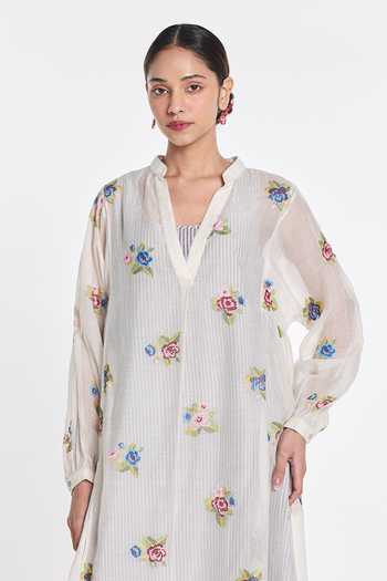 Buy_Payal Pratap_Ivory Silk, Cotton V-neck Begonia Embroidered Dress _Online_at_Aza_Fashions