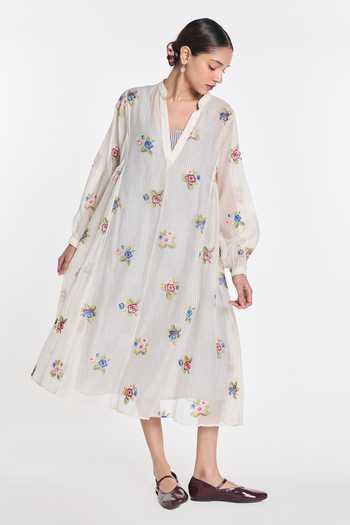 Shop_Payal Pratap_Ivory Silk, Cotton V-neck Begonia Embroidered Dress _Online_at_Aza_Fashions