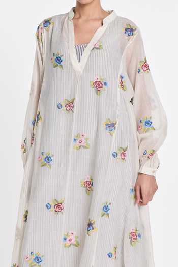 Payal Pratap_Ivory Silk, Cotton V-neck Begonia Embroidered Dress _at_Aza_Fashions