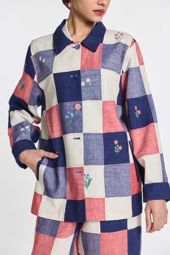 Buy Payal Pratap Multi Color Linen Collared Neck Coreopsis Patchwork Jacket Online at Aza Fashions Buy_Payal Pratap_Multi Color Linen Collared Neck Coreopsis Patchwork Jacket _Online_at_Aza_Fashions