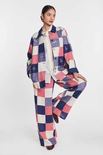 Shop Payal Pratap Multi Color Linen Collared Neck Coreopsis Patchwork Jacket Online at Aza Fashions Shop_Payal Pratap_Multi Color Linen Collared Neck Coreopsis Patchwork Jacket _Online_at_Aza_Fashions