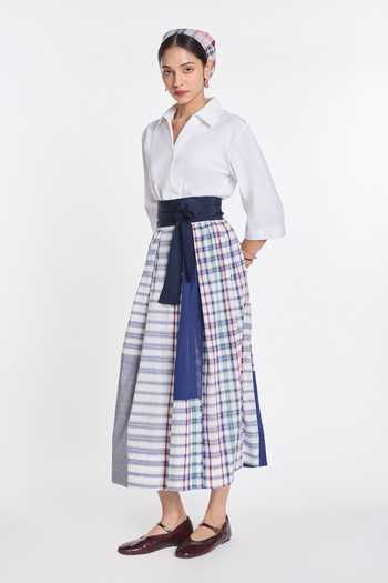 Payal Pratap White Handloom Cotton, Poplin Collared Neck Ivy Patchwork Wrap Dress Online at Aza Fashions Payal Pratap_White Handloom Cotton, Poplin Collared Neck Ivy Patchwork Wrap Dress _Online_at_Aza_Fashions