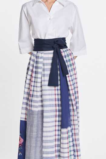 Shop Payal Pratap White Handloom Cotton, Poplin Collared Neck Ivy Patchwork Wrap Dress Online at Aza Fashions Shop_Payal Pratap_White Handloom Cotton, Poplin Collared Neck Ivy Patchwork Wrap Dress _Online_at_Aza_Fashions