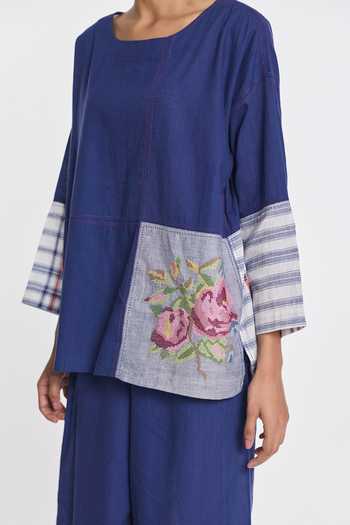 Payal Pratap Blue Handloom Cotton Round Neck Verbascum Patchwork Top Online at Aza Fashions Payal Pratap_Blue Handloom Cotton Round Neck Verbascum Patchwork Top _Online_at_Aza_Fashions