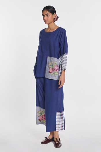 Buy Payal Pratap Blue Handloom Cotton Round Neck Verbascum Patchwork Top Online at Aza Fashions Buy_Payal Pratap_Blue Handloom Cotton Round Neck Verbascum Patchwork Top _Online_at_Aza_Fashions