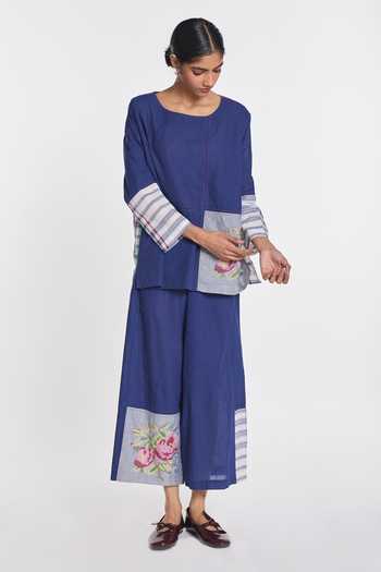 Shop Payal Pratap Blue Handloom Cotton Round Neck Verbascum Patchwork Top Online at Aza Fashions Shop_Payal Pratap_Blue Handloom Cotton Round Neck Verbascum Patchwork Top _Online_at_Aza_Fashions