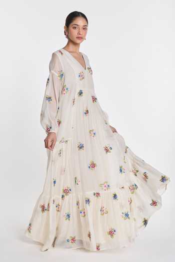 Payal Pratap Ivory Silk, Cotton V-neck Vervain Tiered Dress Online at Aza Fashions Payal Pratap_Ivory Silk, Cotton V-neck Vervain Tiered Dress _Online_at_Aza_Fashions
