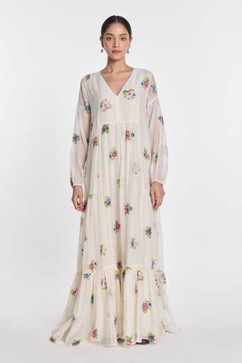 Buy Payal Pratap Ivory Silk, Cotton V-neck Vervain Tiered Dress Online at Aza Fashions Buy_Payal Pratap_Ivory Silk, Cotton V-neck Vervain Tiered Dress _Online_at_Aza_Fashions