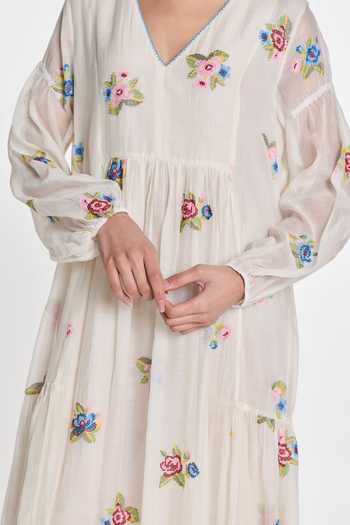Shop Payal Pratap Ivory Silk, Cotton V-neck Vervain Tiered Dress Online at Aza Fashions Shop_Payal Pratap_Ivory Silk, Cotton V-neck Vervain Tiered Dress _Online_at_Aza_Fashions
