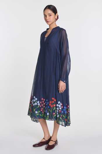 Payal Pratap_Blue Silk, Cotton V-neck Speciosa Embroidered Dress _Online_at_Aza_Fashions