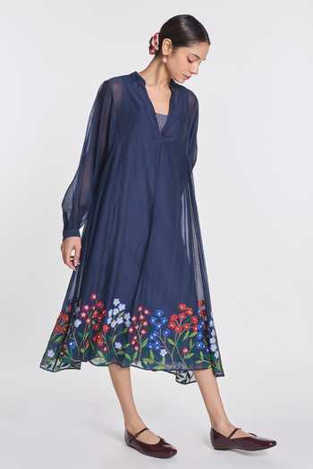 Buy_Payal Pratap_Blue Silk, Cotton V-neck Speciosa Embroidered Dress _Online_at_Aza_Fashions