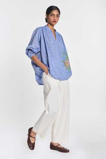 Payal Pratap Blue Cotton Mandarin Collar Celandine Embroidered Shirt Online at Aza Fashions Payal Pratap_Blue Cotton Mandarin Collar Celandine Embroidered Shirt _Online_at_Aza_Fashions