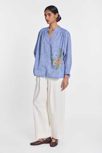 Buy Payal Pratap Blue Cotton Mandarin Collar Celandine Embroidered Shirt Online at Aza Fashions Buy_Payal Pratap_Blue Cotton Mandarin Collar Celandine Embroidered Shirt _Online_at_Aza_Fashions
