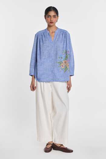 Shop Payal Pratap Blue Cotton Mandarin Collar Celandine Embroidered Shirt Online at Aza Fashions Shop_Payal Pratap_Blue Cotton Mandarin Collar Celandine Embroidered Shirt _Online_at_Aza_Fashions