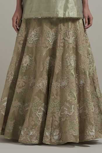 Buy_Kavita Bhartia_Green Tissue Split V-neck, Yes Hand Embellished Kurta And Skirt Set _Online_at_Aza_Fashions