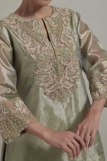 Shop_Kavita Bhartia_Green Tissue Split V-neck, Yes Hand Embellished Kurta And Skirt Set _Online_at_Aza_Fashions