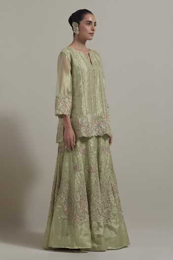 Kavita Bhartia Green Tissue V-neck, Yes Embellished Kurta Skirt Set Online at Aza Fashions Kavita Bhartia_Green Tissue V-neck, Yes Embellished Kurta Skirt Set _Online_at_Aza_Fashions